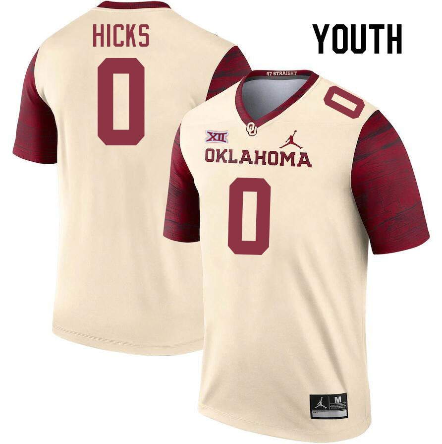 Youth #0 Kalib Hicks Oklahoma Sooners College Football Jerseys Stitched-Cream - Click Image to Close